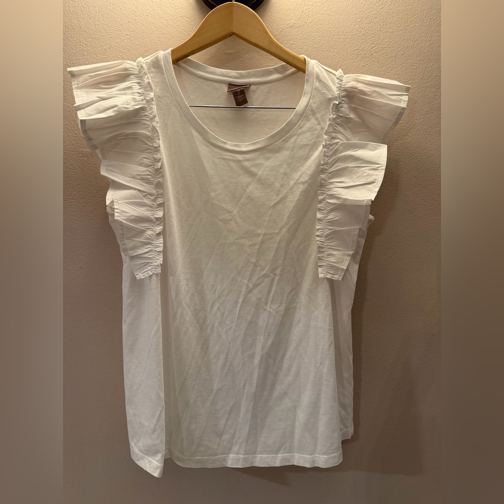 Chicos‎ White Ruffle Flutter Sleeve Knit Top Crew Neck Size 2 L Large